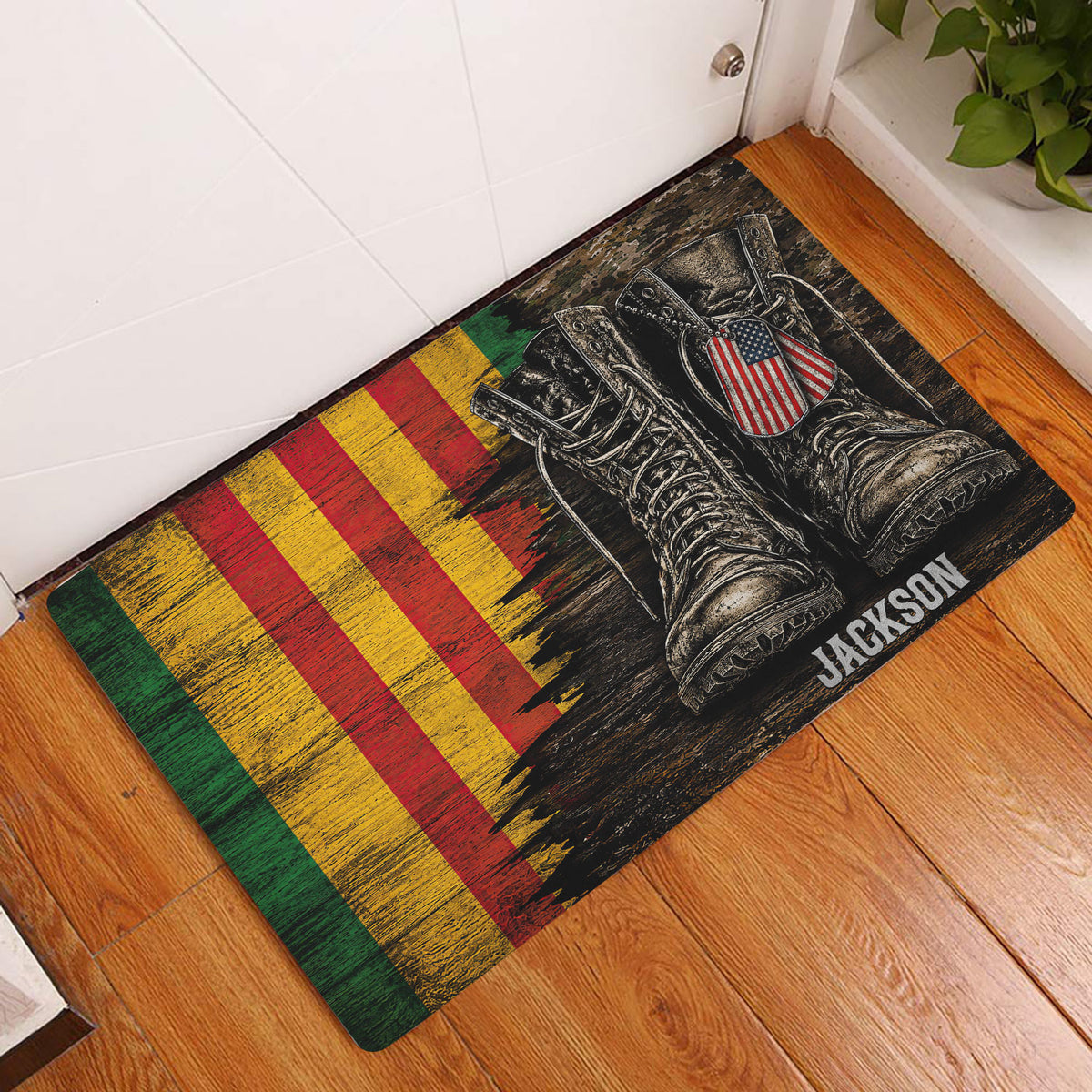 Vietnam Veteran entryway doormat with military boot artwork displayed on a wood floor