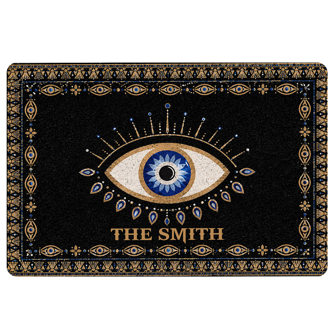 Black evil eye doormat with a large blue and gold eye motif and ornate geometric border