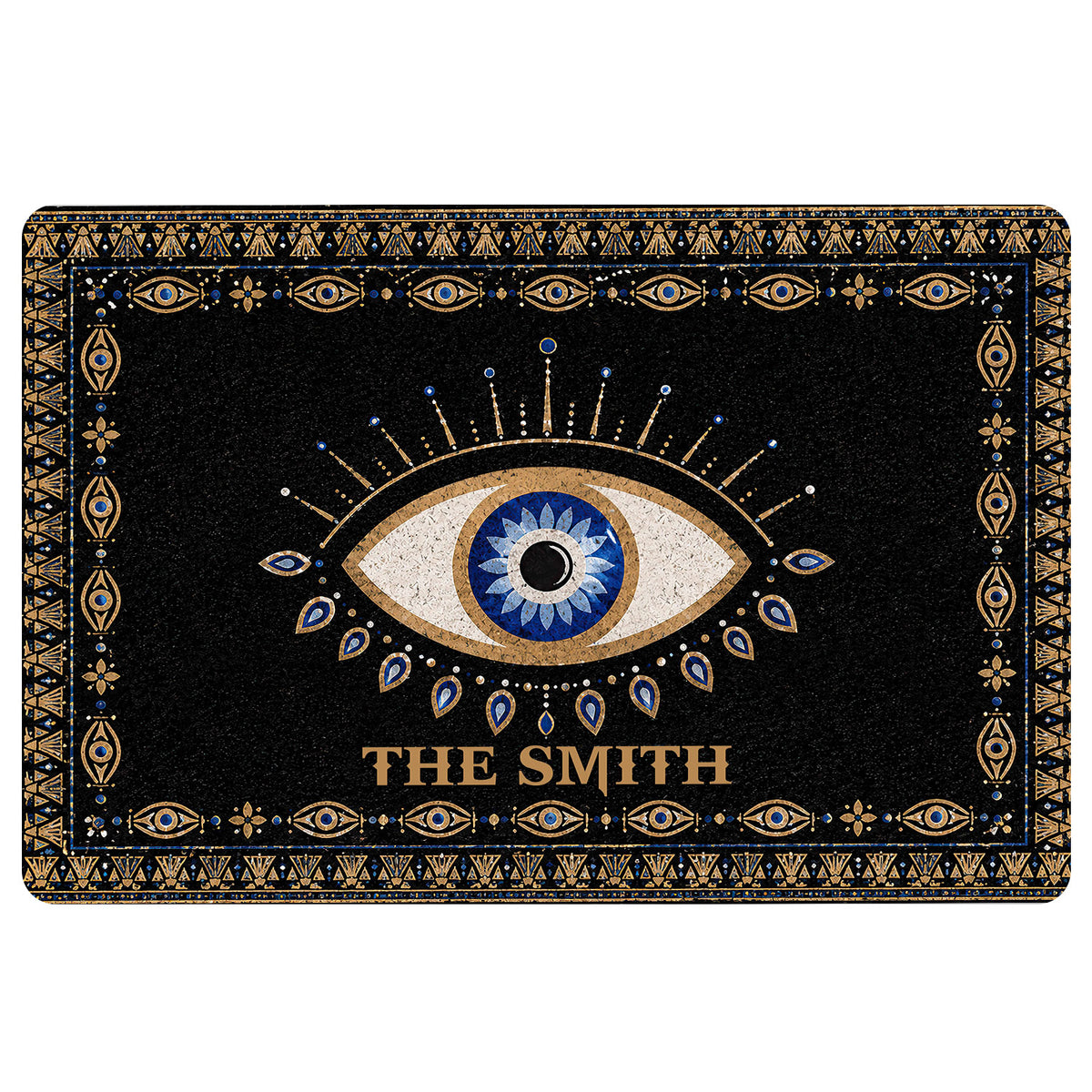 Black evil eye doormat with a large blue and gold eye motif and ornate geometric border