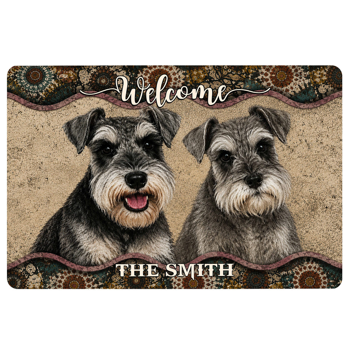Miniature Schnauzer doormat with two detailed dog portraits, welcome lettering, and an ornate decorative border