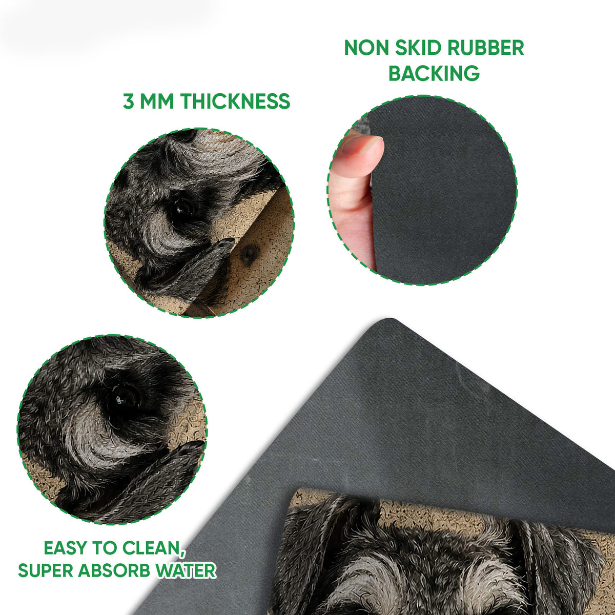 Miniature Schnauzer doormat detail showing the printed surface, rubber backing, and close-up dog artwork
