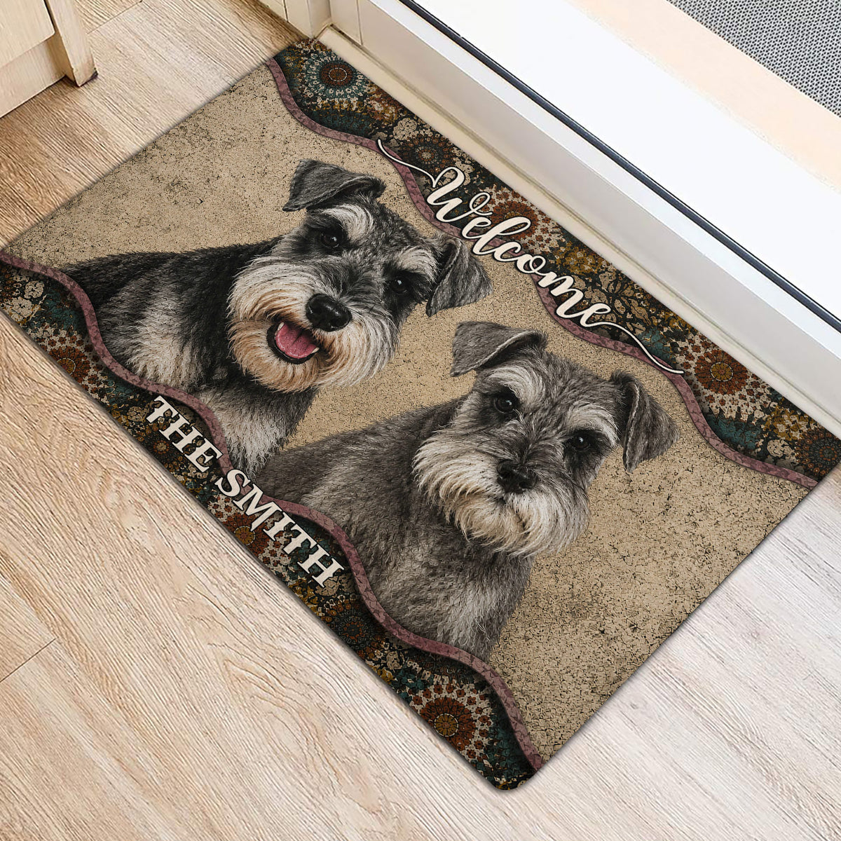 Miniature Schnauzer entryway rug featuring two dogs, welcome lettering, and a richly patterned border