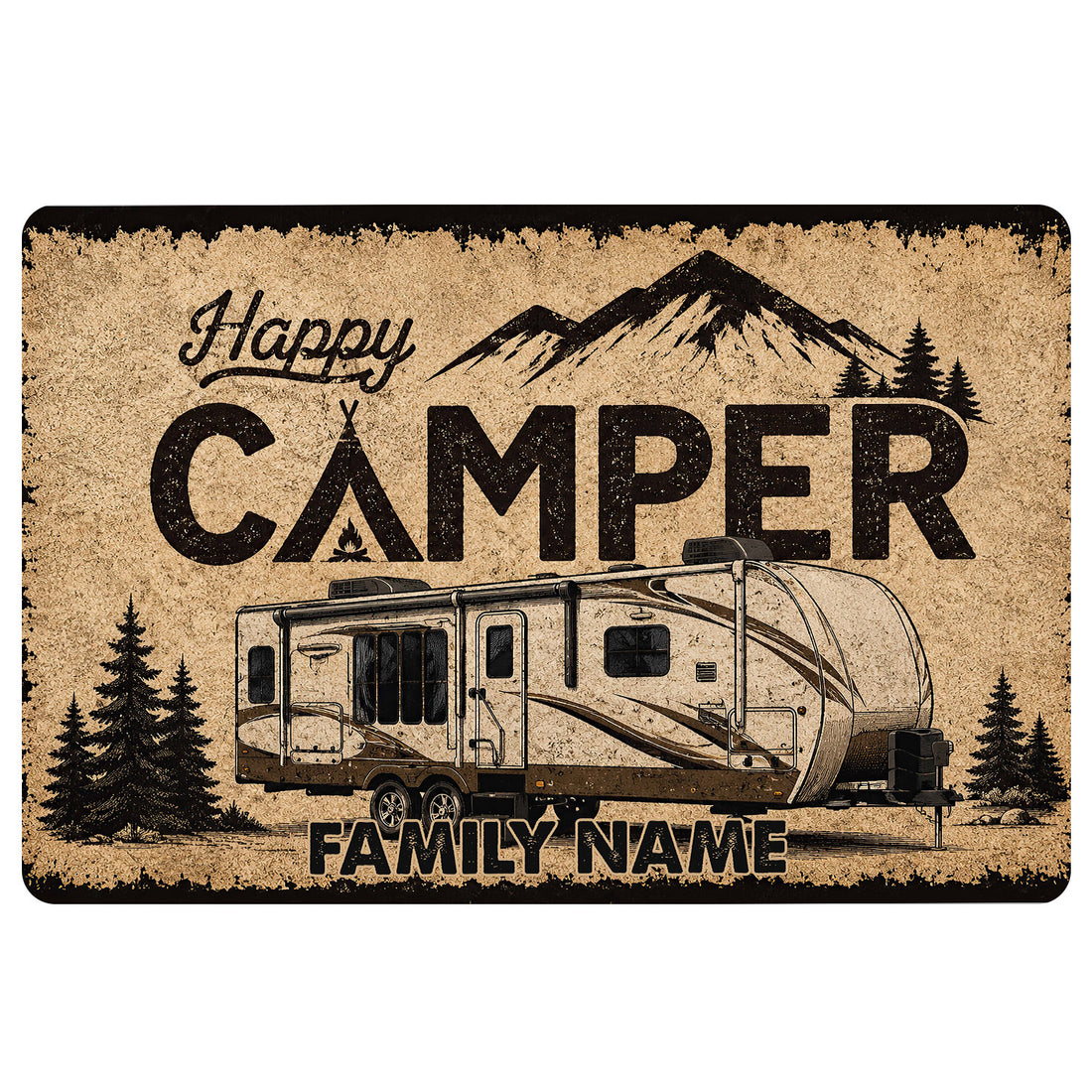 Camping doormat featuring a travel trailer, mountain landscape, evergreen trees, and rustic sepia artwork