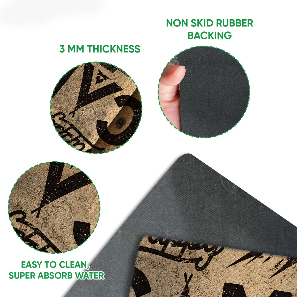 Close-up detail of the camping doormat surface and dark rubber backing with product feature callouts