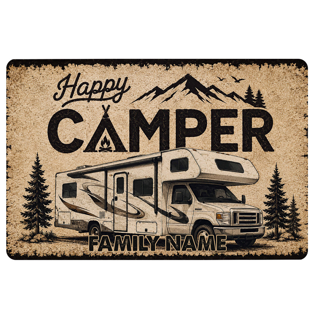 Camping doormat featuring an RV, mountain landscape, pine trees, birds, and a campfire-inspired design