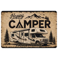 Camping doormat featuring an RV, mountain landscape, pine trees, birds, and a campfire-inspired design