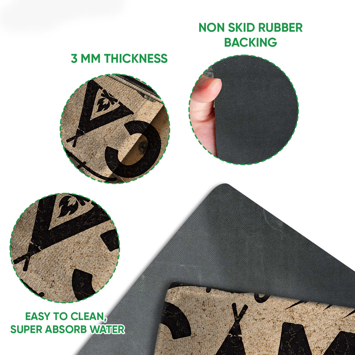 Close-up view showing the printed camping artwork, textured top surface, and dark rubber backing