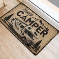 Camping-themed entryway rug featuring an RV, mountain silhouette, pine trees, and rustic lettering