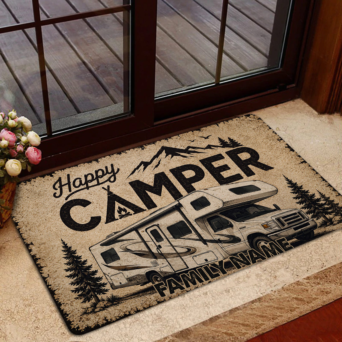 Camping RV door mat styled beside a glass door with a rustic deck and cozy home entry