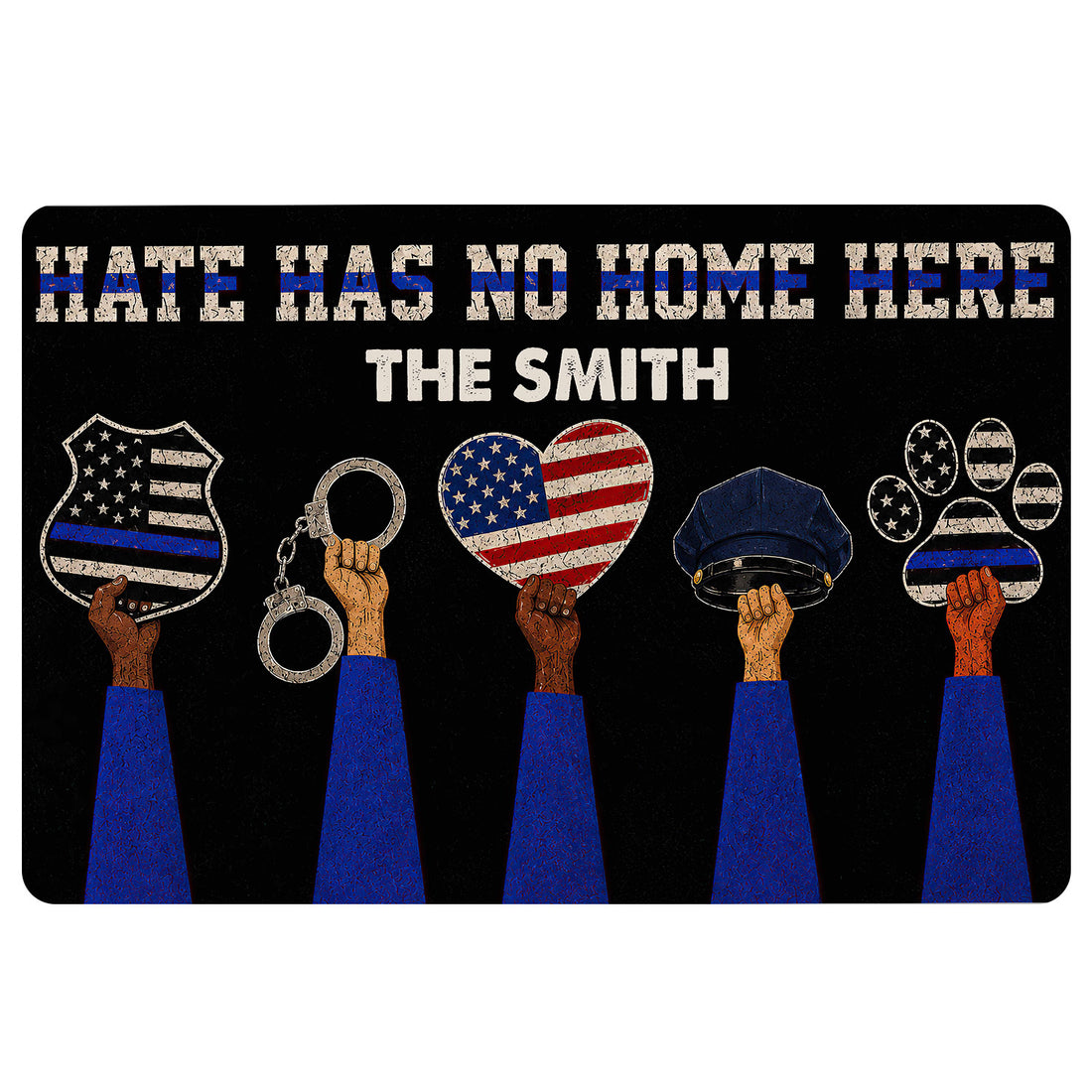 Police-themed doormat with badge, handcuffs, police hat, paw graphics, blue accents, and bold lettering