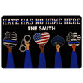 Police-themed doormat with badge, handcuffs, police hat, paw graphics, blue accents, and bold lettering