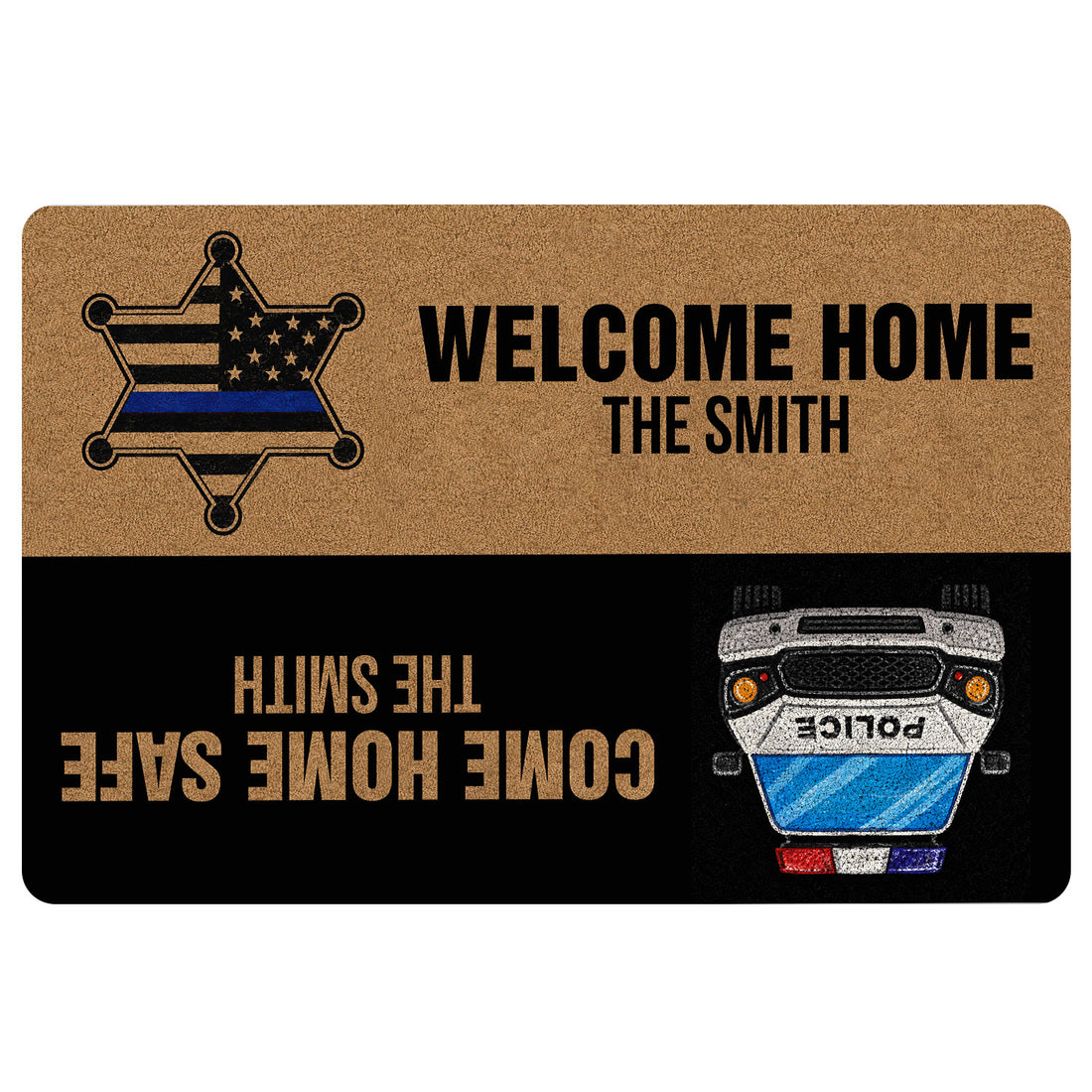 Police doormat featuring a blue-line badge, police vehicle artwork, and welcome home entryway design