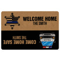 Police doormat featuring a blue-line badge, police vehicle artwork, and welcome home entryway design