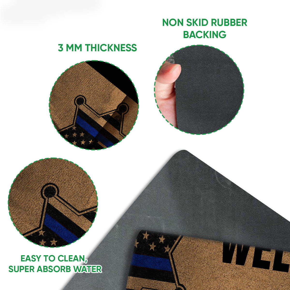 Close-up feature view of police badge artwork, mat surface, and black rubber backing