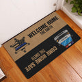 Police welcome doormat displayed inside a home entryway on a warm wood floor