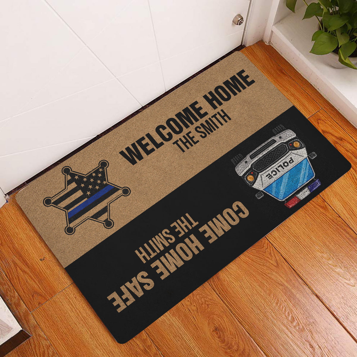 Police welcome doormat displayed inside a home entryway on a warm wood floor