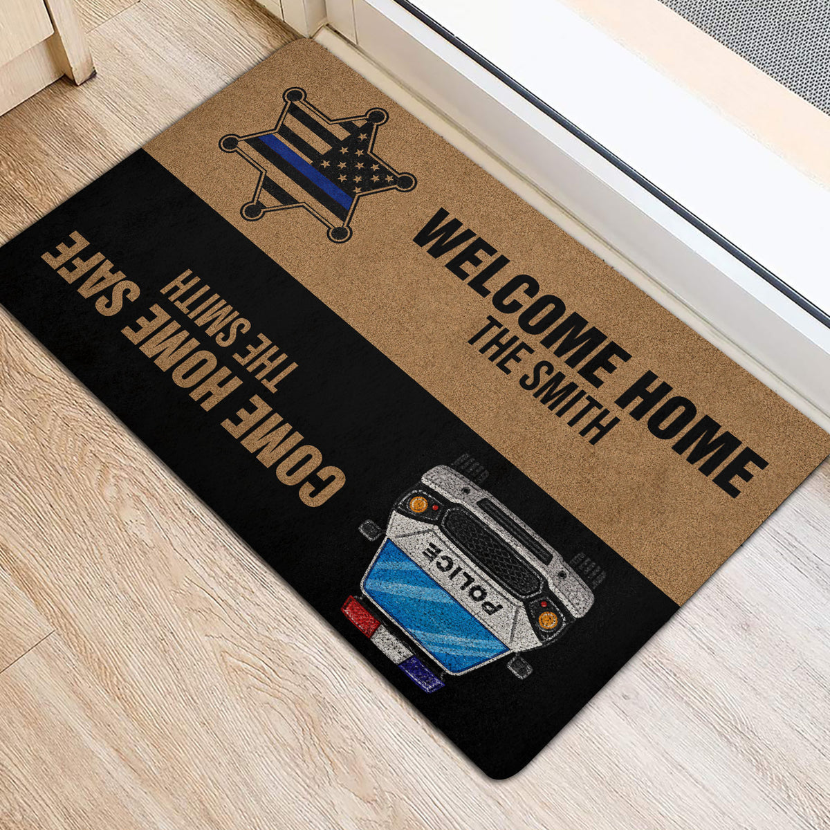 Police-themed welcome mat positioned near an entrance with badge and patrol vehicle artwork