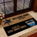 Police doormat styled in a home entrance beside a glass door and indoor decor