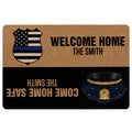 Police doormat featuring a blue line badge, police cap artwork, and welcome home entryway design