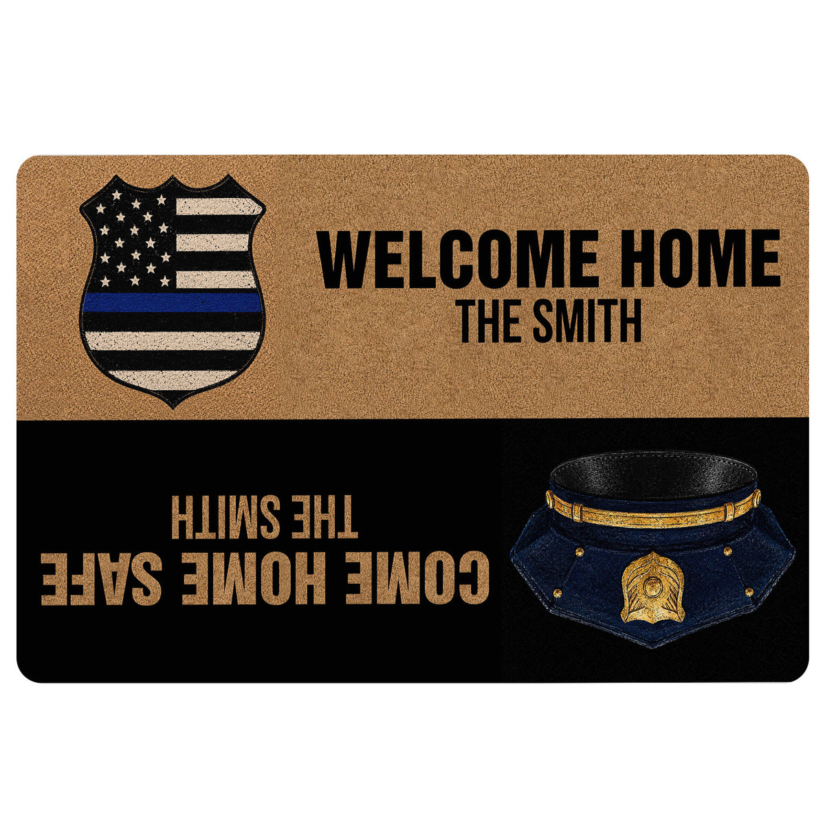 Police doormat featuring a blue line badge, police cap artwork, and welcome home entryway design