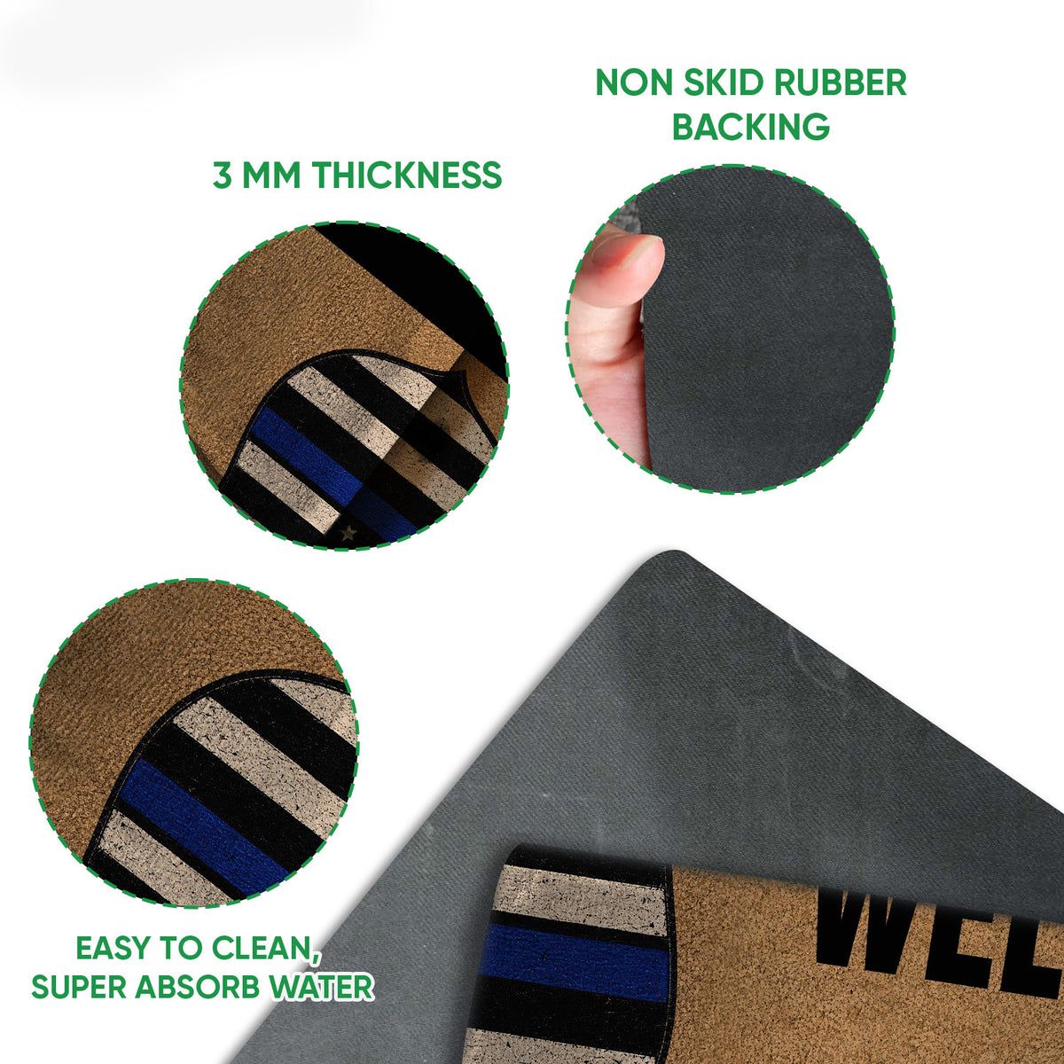 Police doormat feature view showing the printed surface, rubber backing, and easy-clean construction details