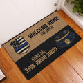 Police-themed doormat displayed at a home entrance with a blue line badge and welcome message
