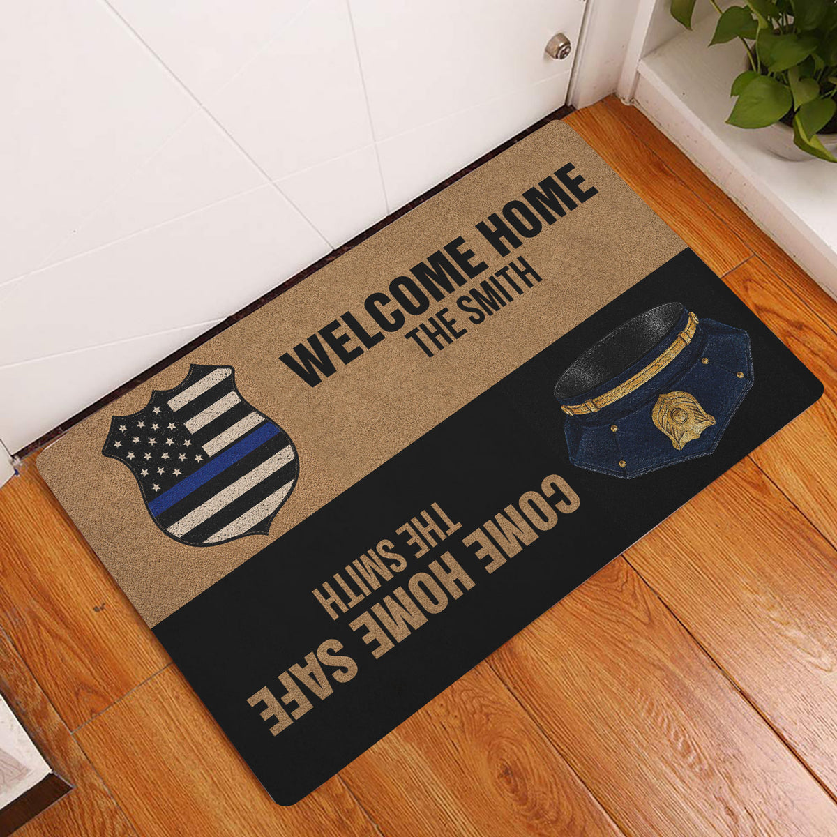 Police-themed doormat displayed at a home entrance with a blue line badge and welcome message