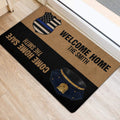 Police entryway mat on a light wood floor featuring a badge, police cap, and bold welcome artwork