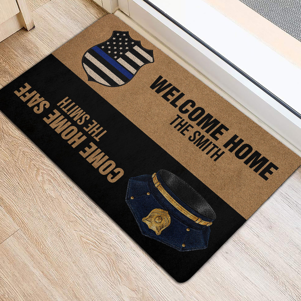 Police entryway mat on a light wood floor featuring a badge, police cap, and bold welcome artwork