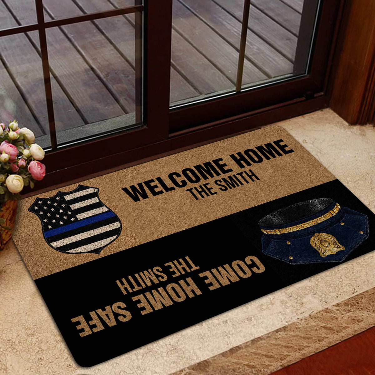 Police doormat styled inside a home entrance with badge artwork, blue line colors, and welcome design
