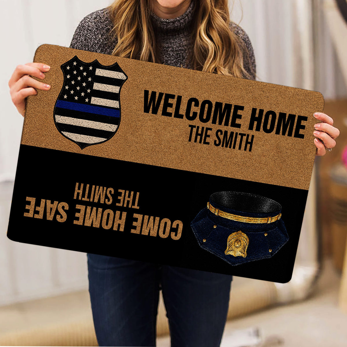 Police-themed doormat shown in a home setting with blue line badge artwork and bold entryway lettering