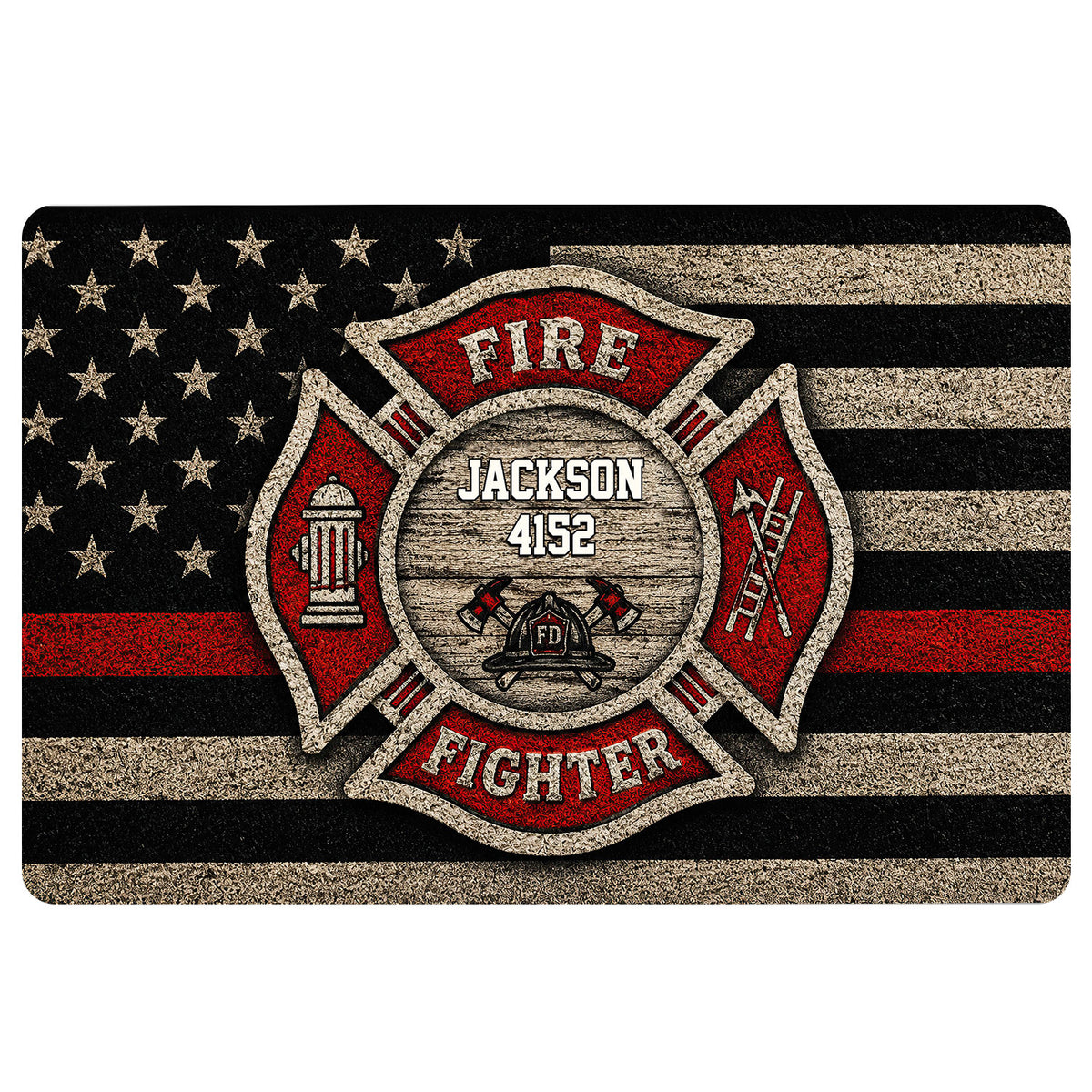 Firefighter doormat featuring a red and black fire department emblem over a distressed flag design