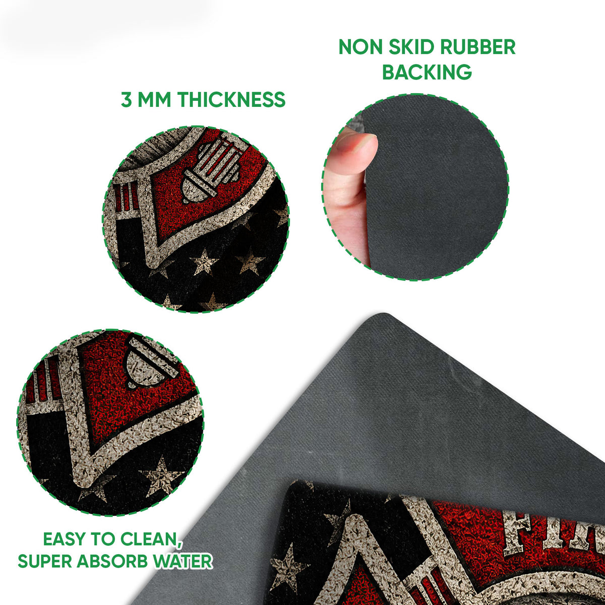 Close-up feature view of the firefighter mat's printed surface and dark rubber backing