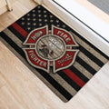 Firefighter door mat shown at an entryway with a bold red, black, and tan emblem design
