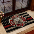 Firefighter doormat displayed inside a home near glass doors and a carpeted entryway