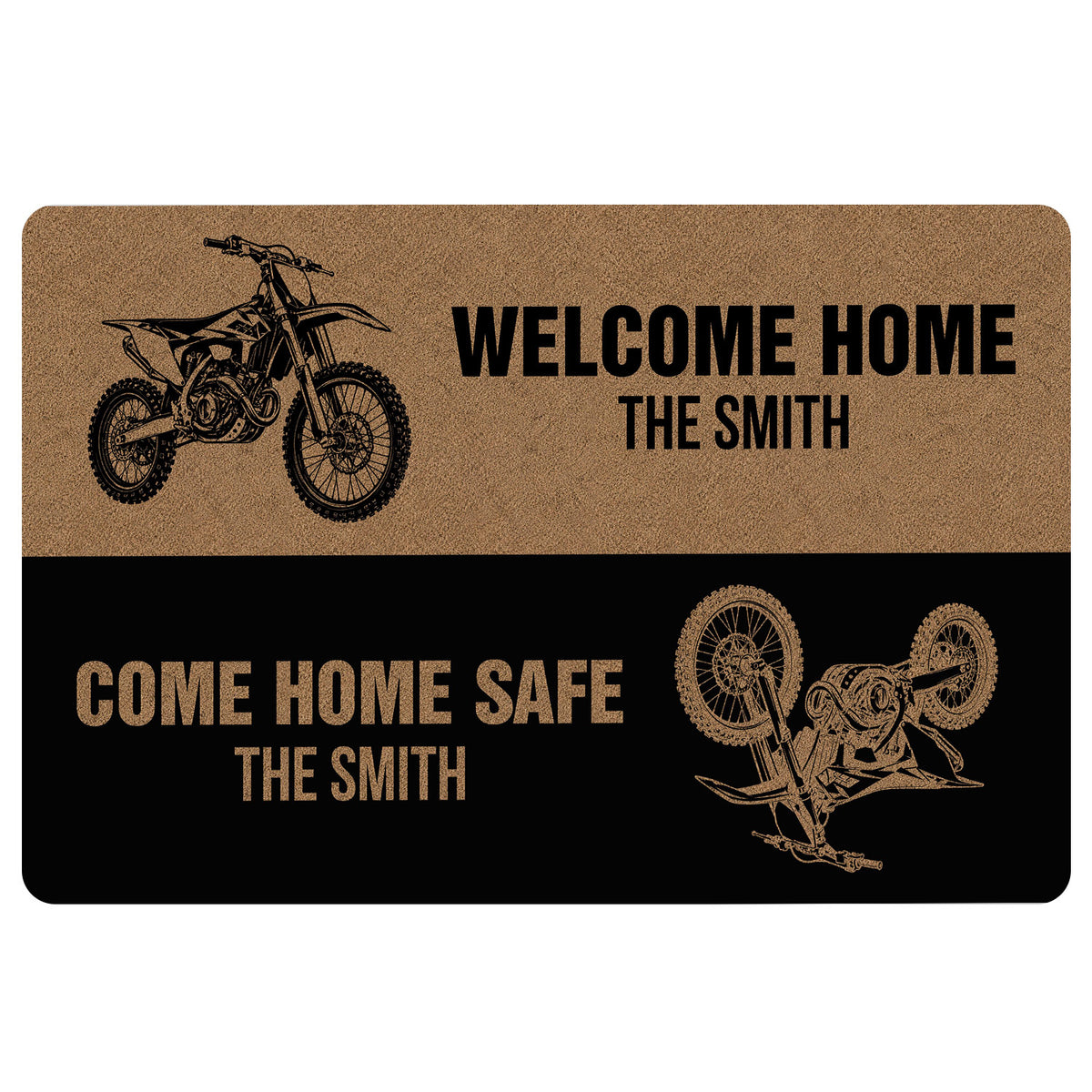 Motocross doormat featuring dirt bike illustrations, bold welcome messaging, and tan and black artwork