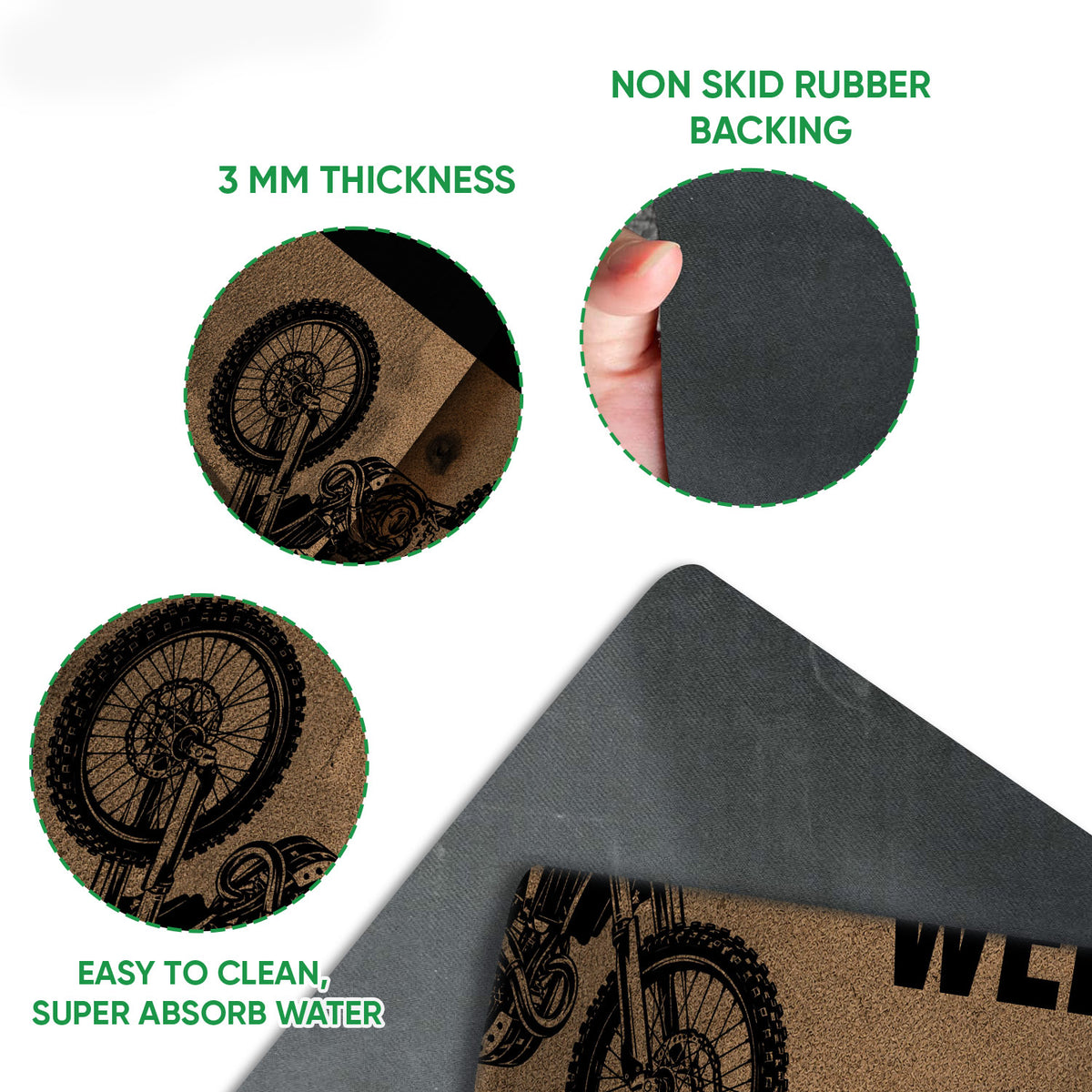 Close-up motocross doormat showing dirt bike artwork, textured top surface, and rubber backing detail