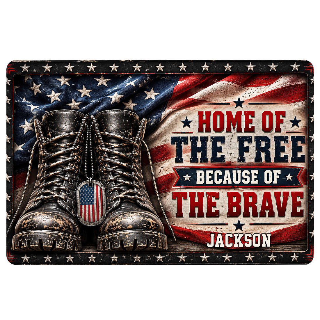 Patriotic veteran doormat with combat boots, American flag colors, stars, and tribute artwork