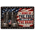 Patriotic veteran doormat with combat boots, American flag colors, stars, and tribute artwork