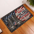Patriotic veteran doormat displayed at a home entrance on a hardwood floor