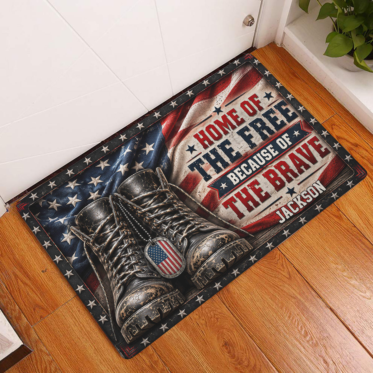 Patriotic veteran doormat displayed at a home entrance on a hardwood floor