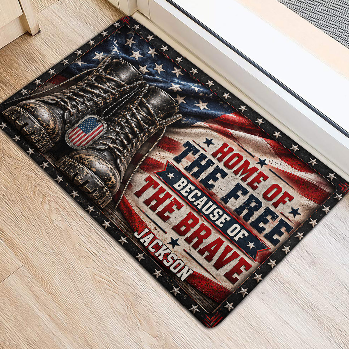 American flag and combat boot veteran doormat positioned beside an interior doorway