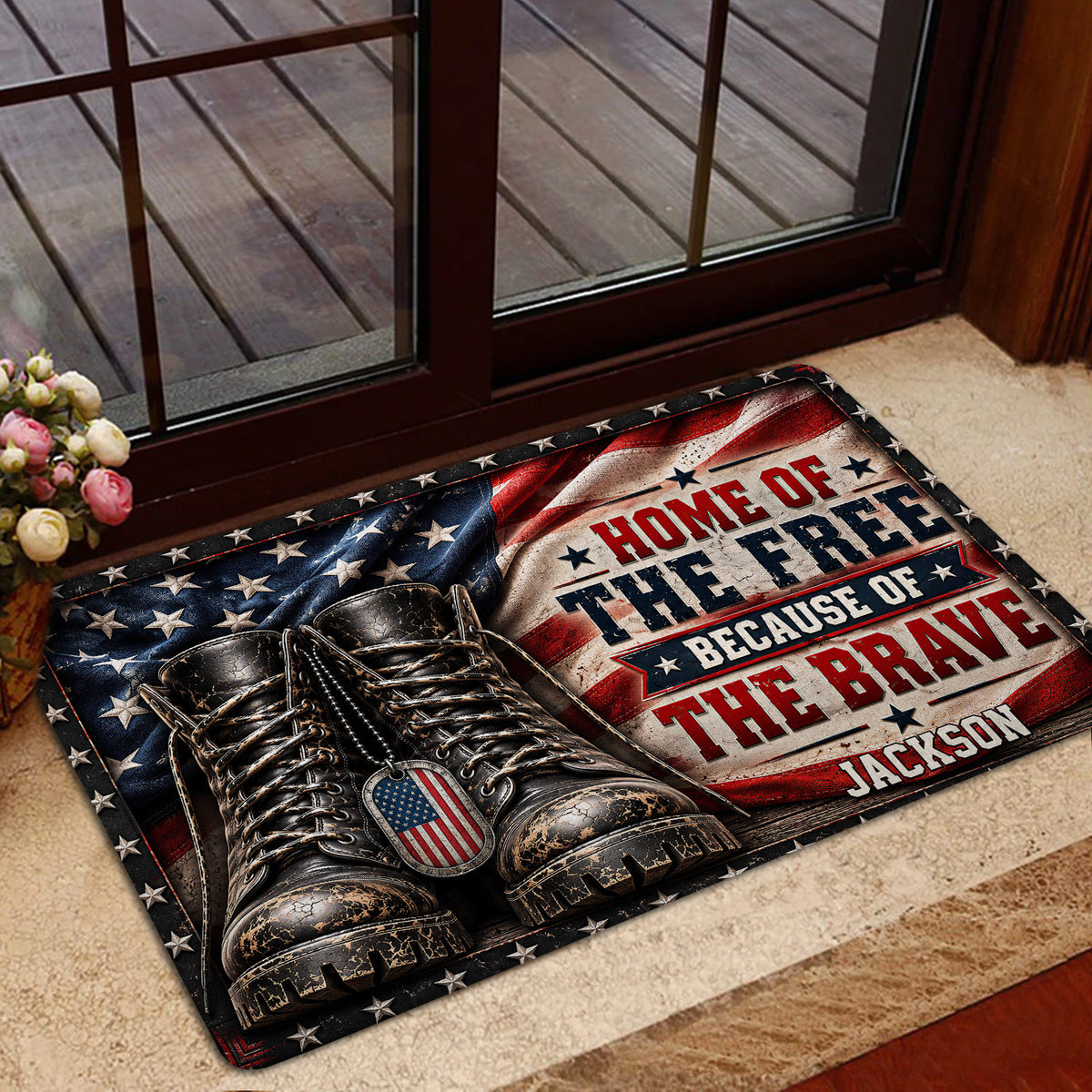 Patriotic military tribute doormat styled in a home entryway near a glass door