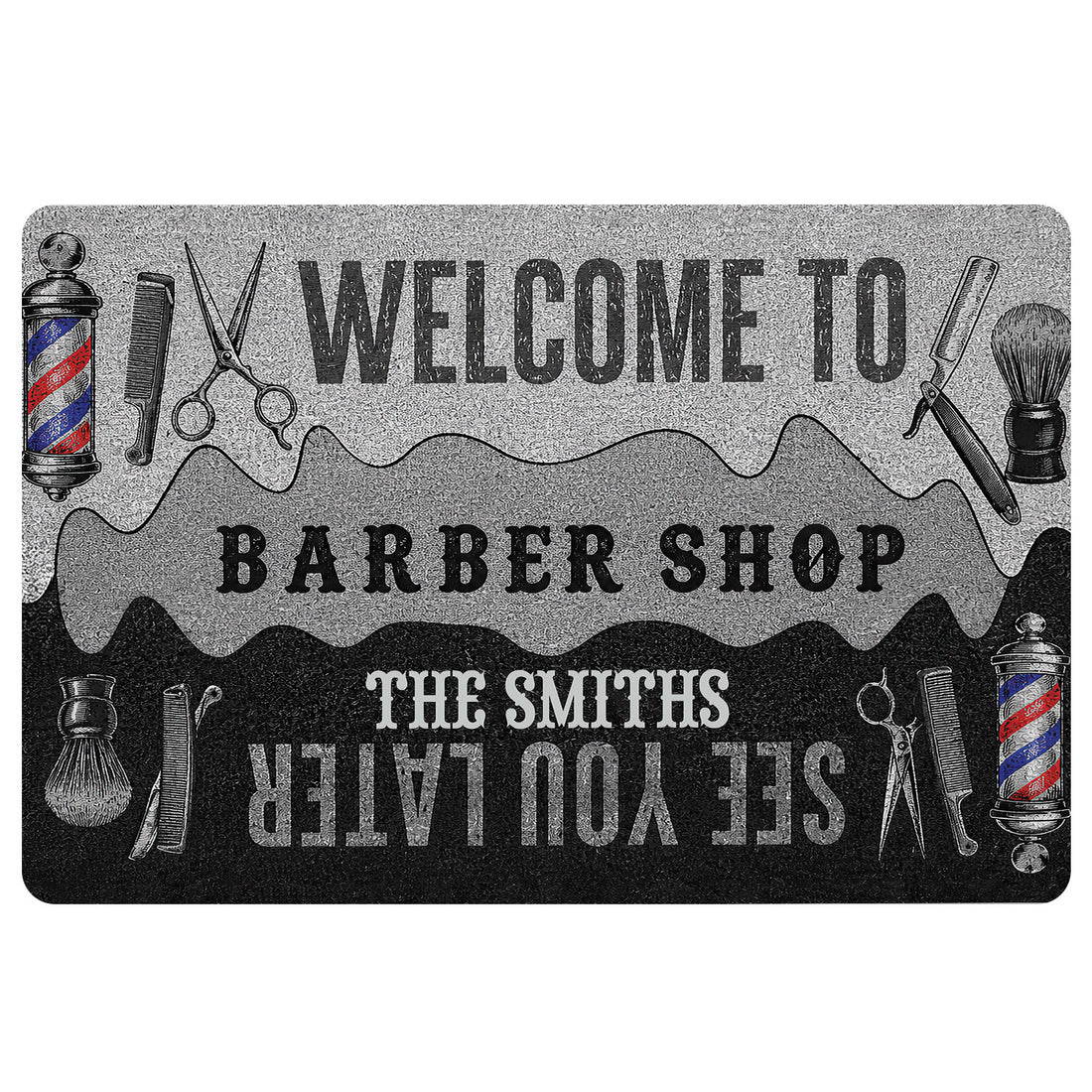 Barber shop doormat featuring barber poles, scissors, combs, clippers, brushes and bold welcome artwork