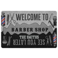Barber shop doormat featuring barber poles, scissors, combs, clippers, brushes and bold welcome artwork