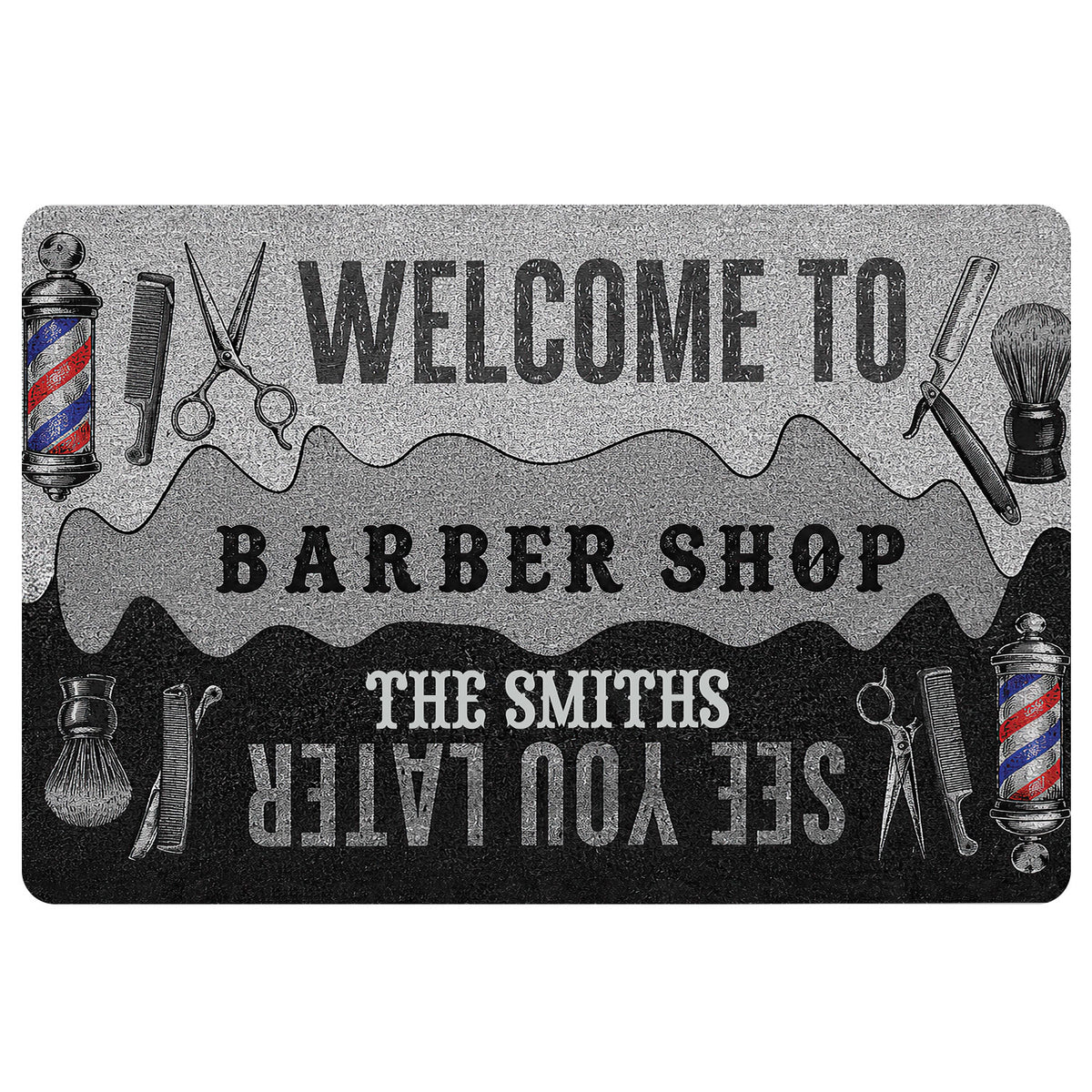 Barber shop doormat featuring barber poles, scissors, combs, clippers, brushes and bold welcome artwork