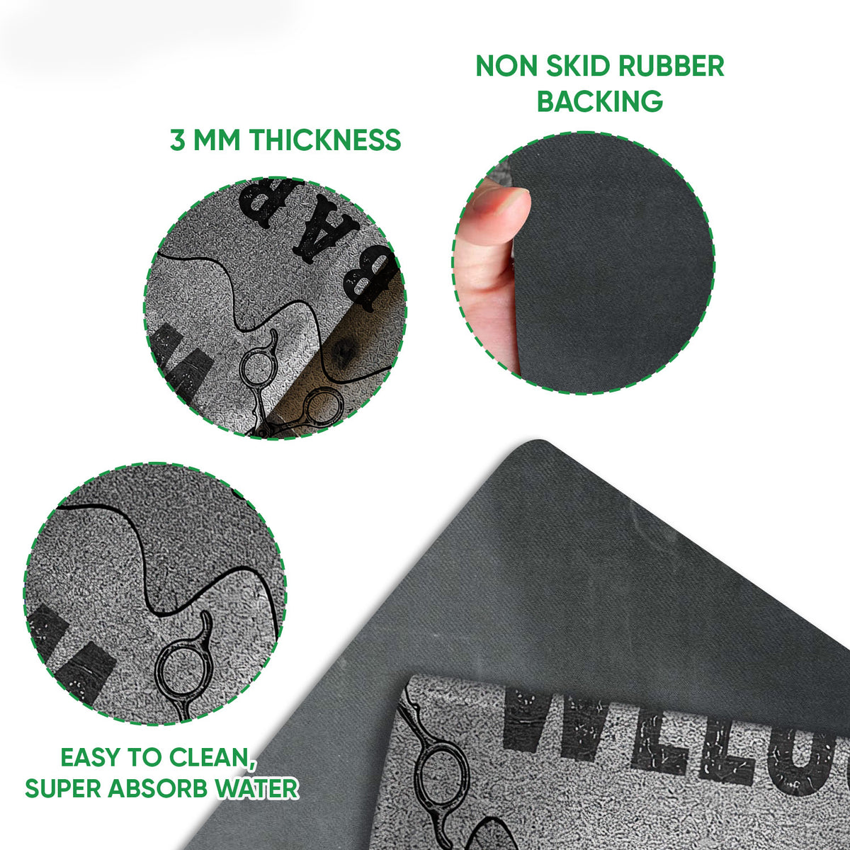 Close-up doormat detail showing the printed barber design, backing, thickness and surface construction