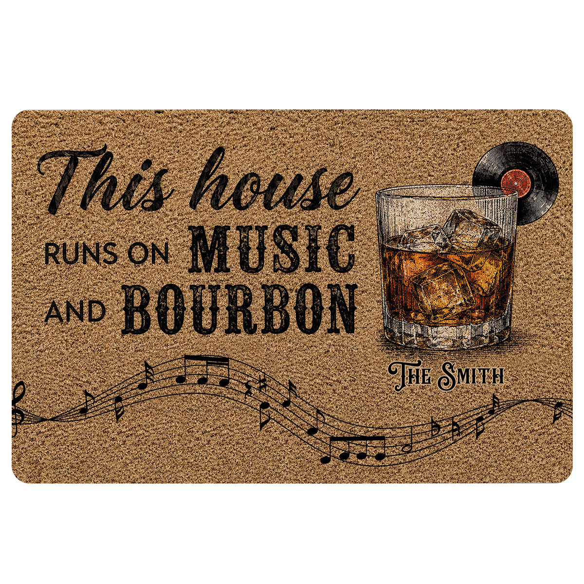 Bourbon doormat with whiskey glass, record, musical notes, and warm vintage entryway artwork