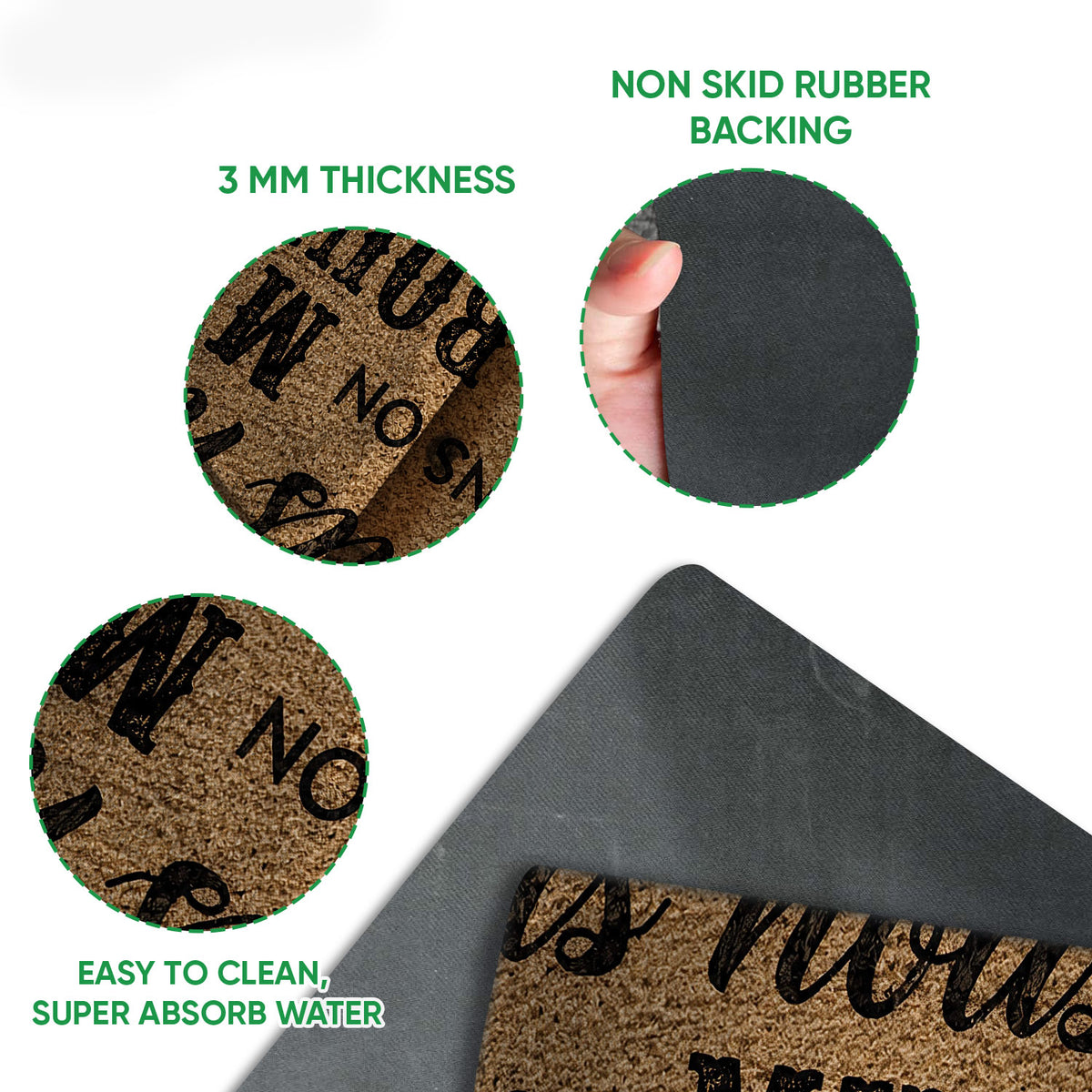 Close-up feature view showing the bourbon doormat surface and dark rubber backing