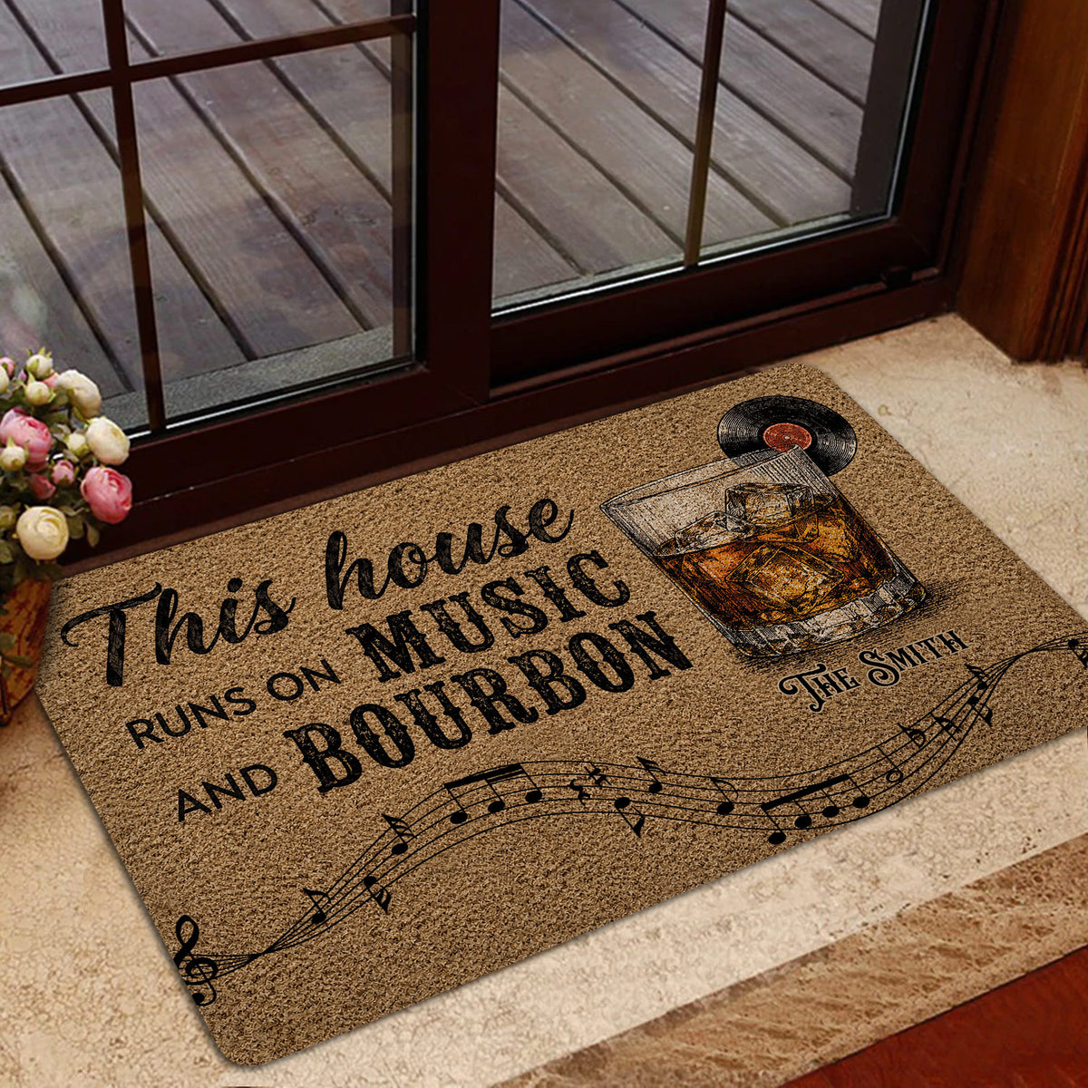 Bourbon doormat styled in a home entrance with a whiskey glass and musical note artwork